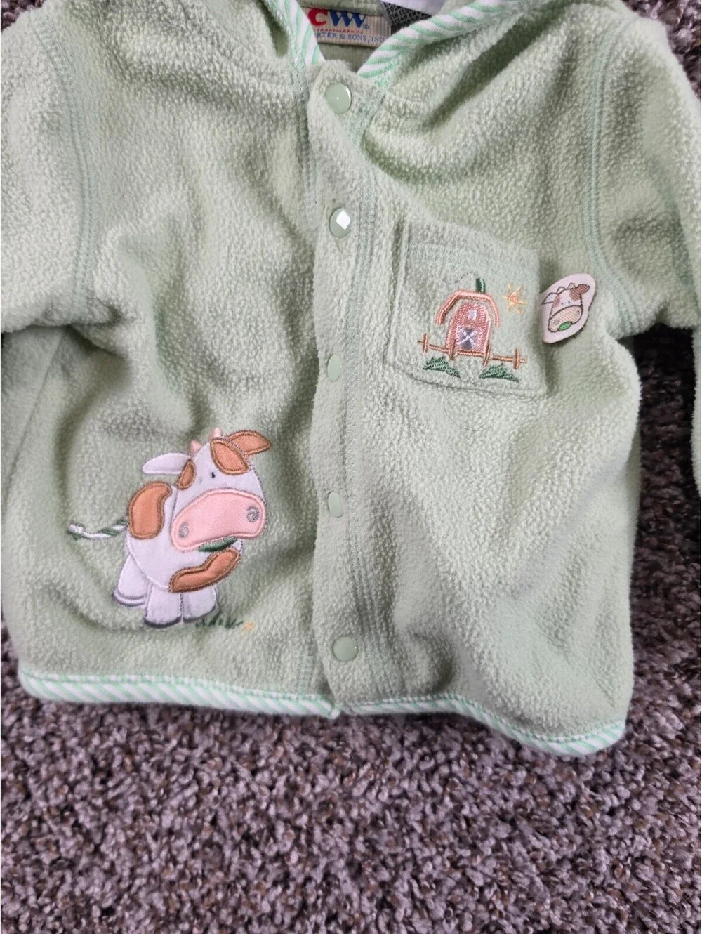 Vtg Carter & Sons Baby Sz 3-6M Fleece Button Up Hooded Sweater Light Green